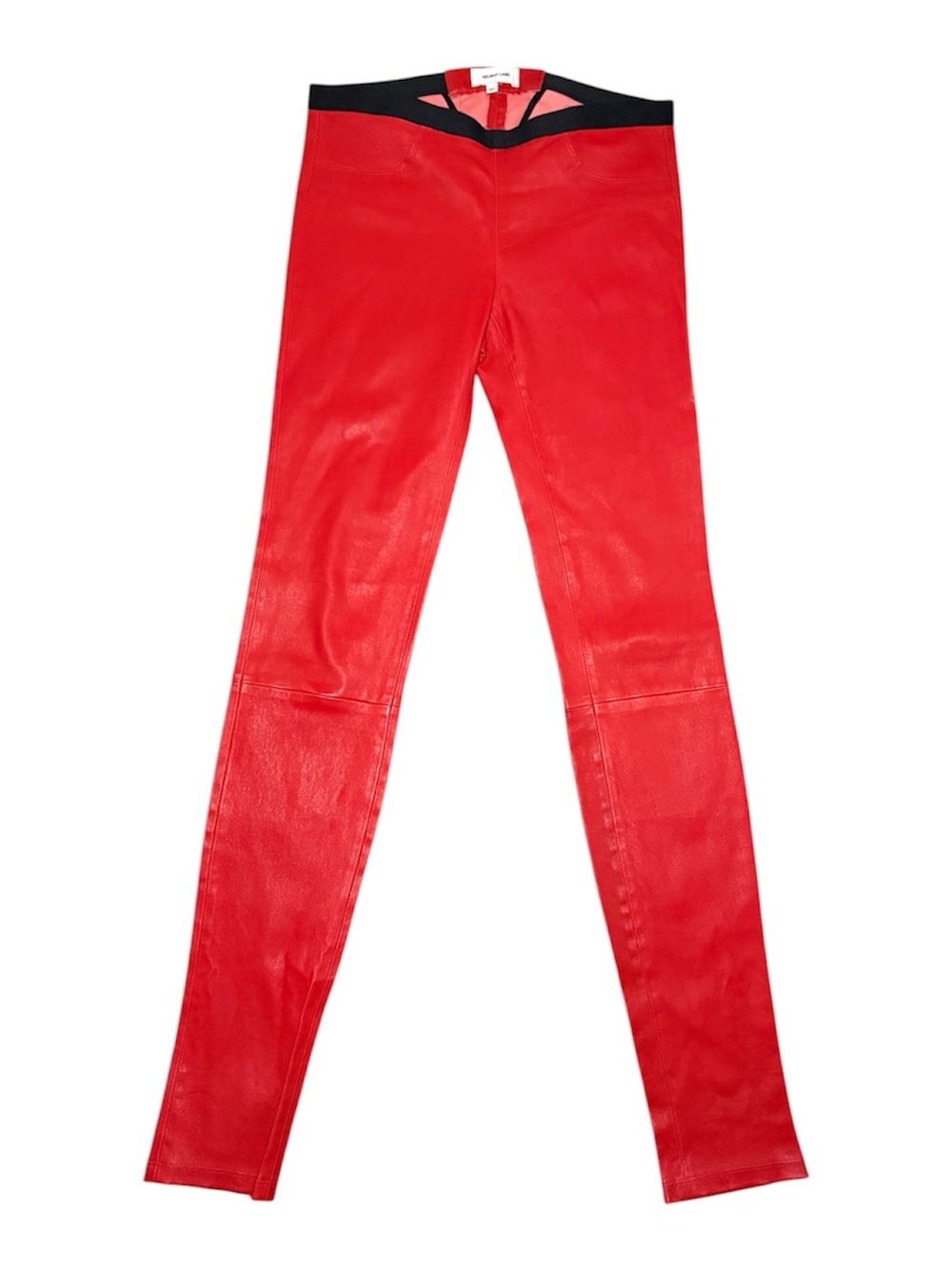 HELMUT LANG 100% Leather Red Leggings With Contrast Black Waist